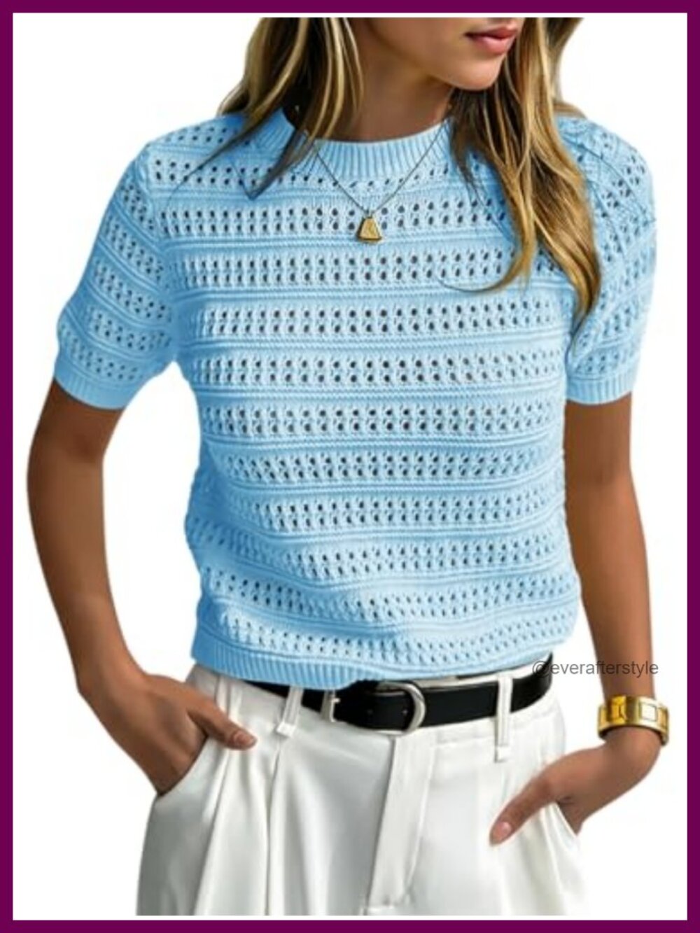 Women's Short Sleeve Crochet Knit Sweater Boho Pullover Top Summer Lightweight